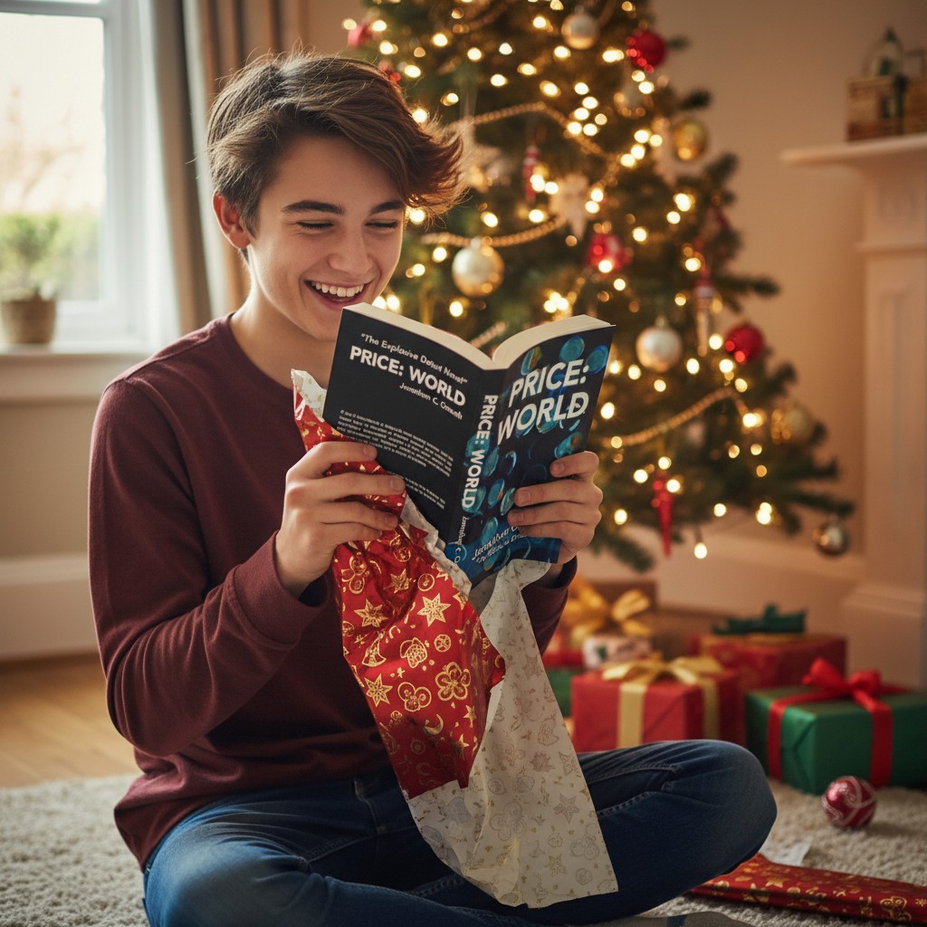 Teenager reading Price: World on Christmas Day